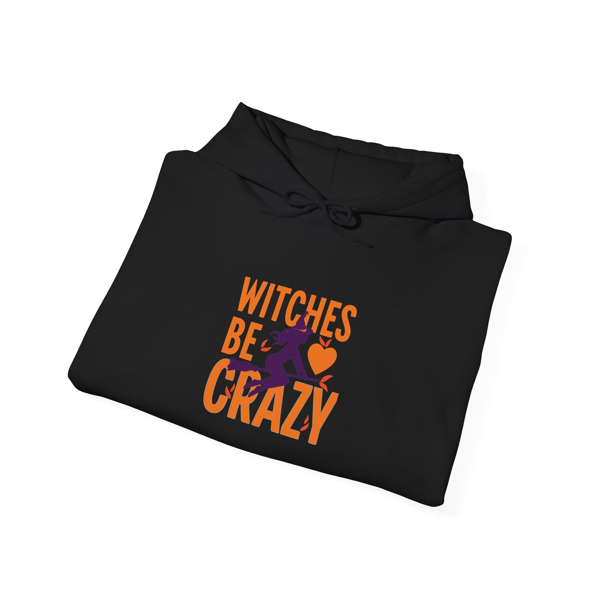 Folded black hoodie with a graphic design and text on a white background