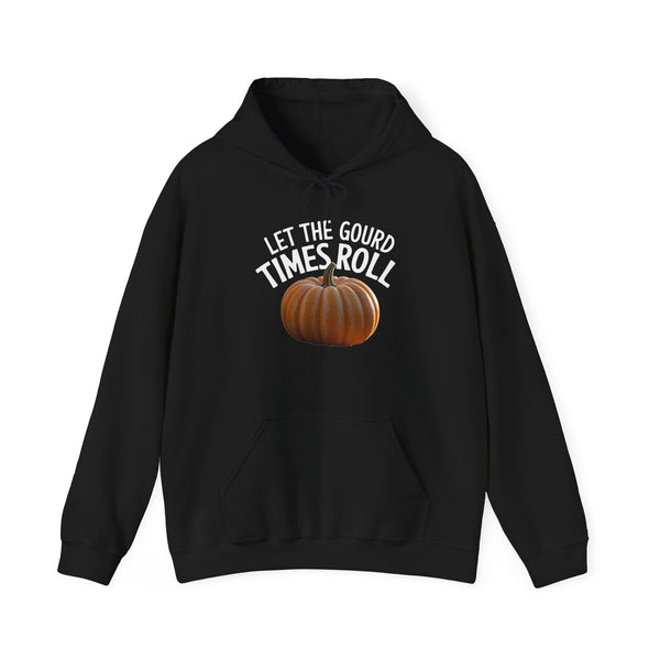 A black hoodie with a pumpkin graphic and the text 'LET THE GOUD TIMES ROLL' on the front, against a plain white background.