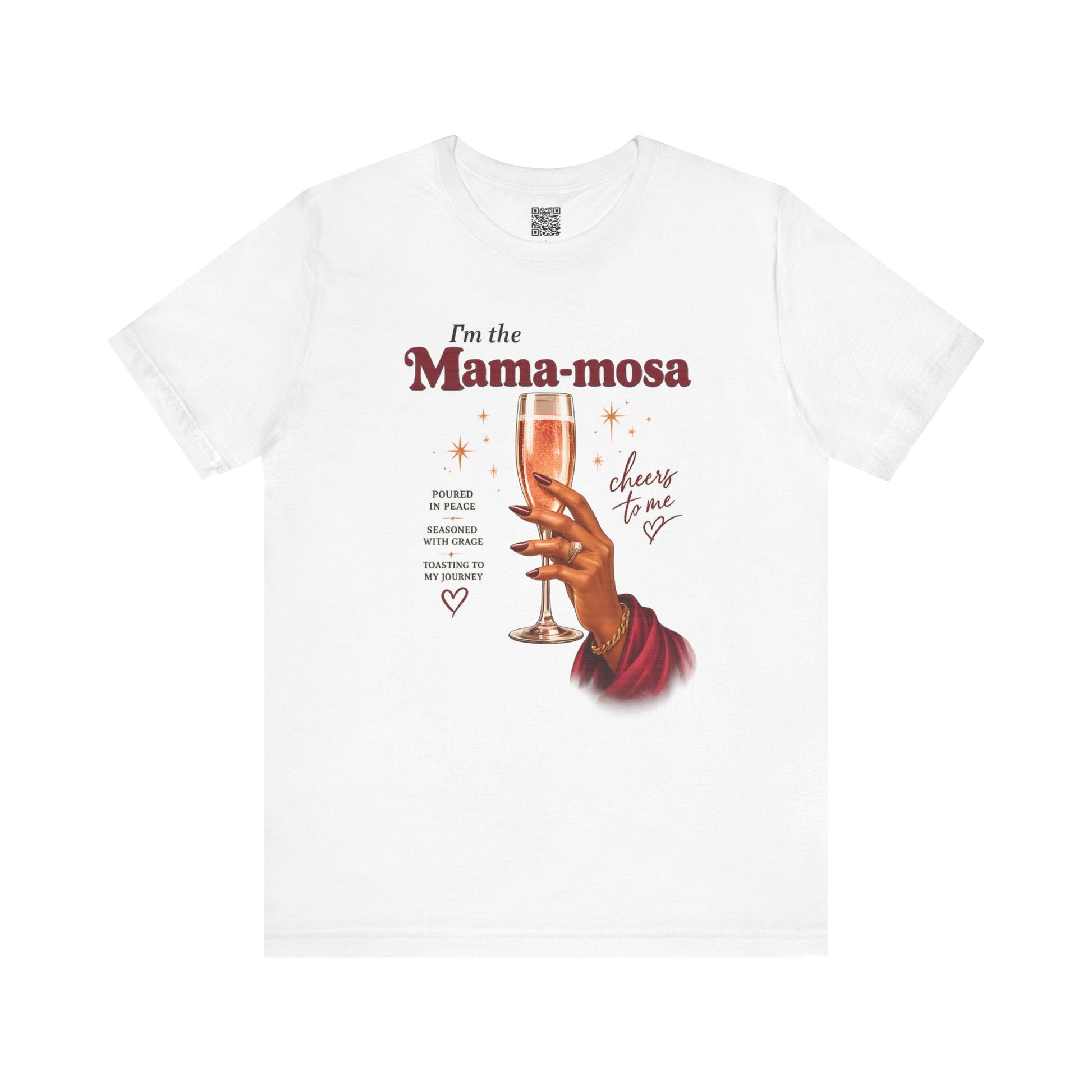 White t-shirt with graphic design and text on a white background