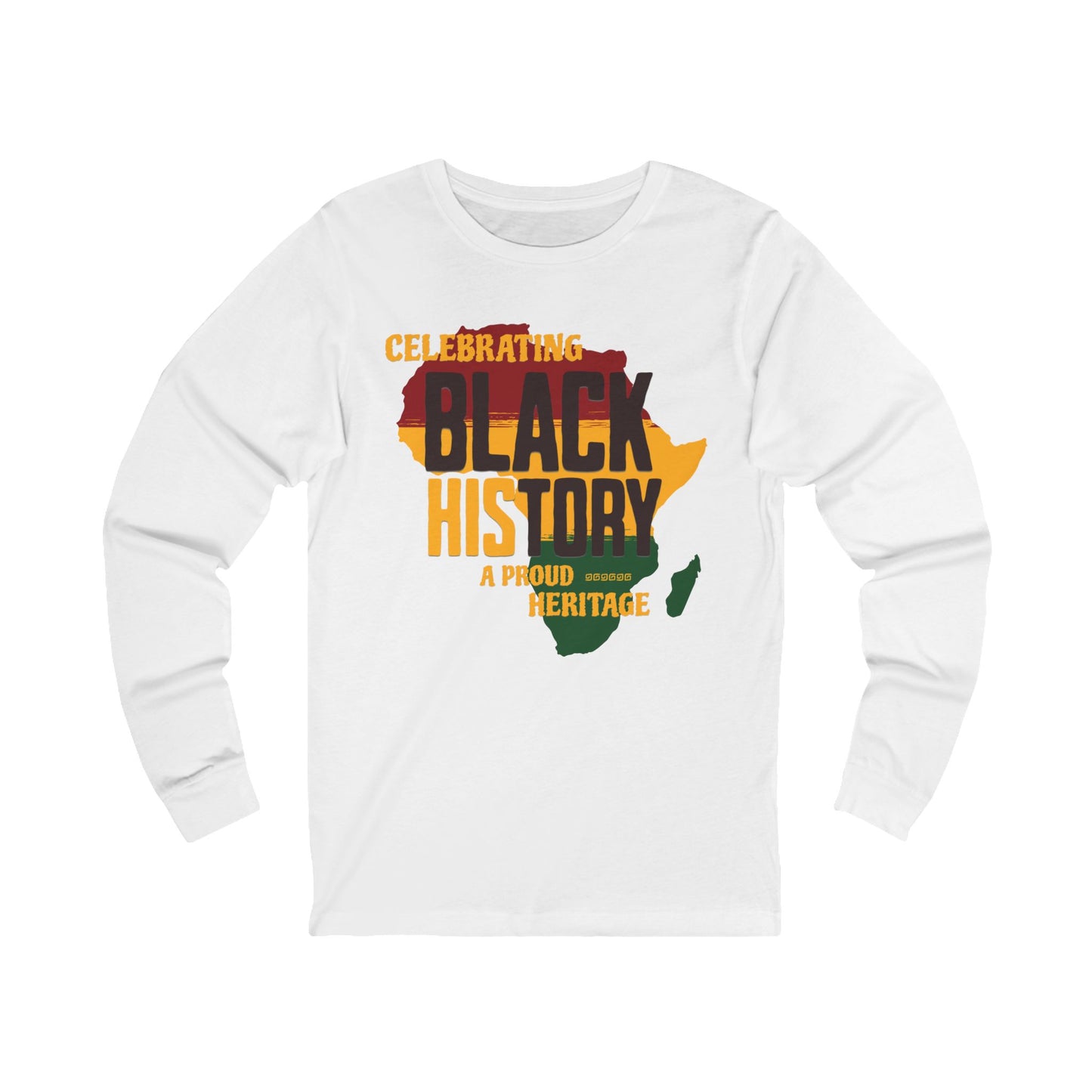 White long-sleeve shirt with 'Celebrating Black History' design on a white background