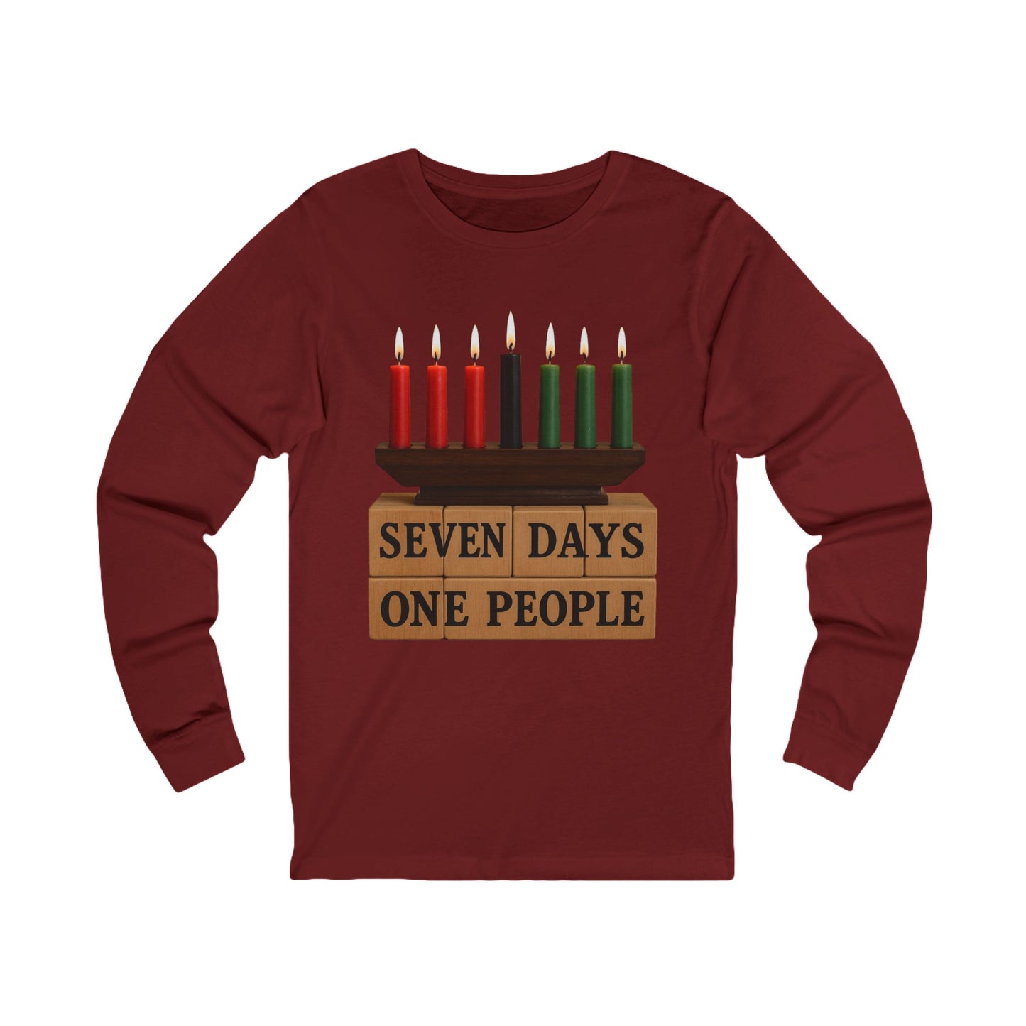 Seven Days, One People Kinara Long-Sleeve Tee - Kwanzaa (Unisex S–2XL) in Cardinal