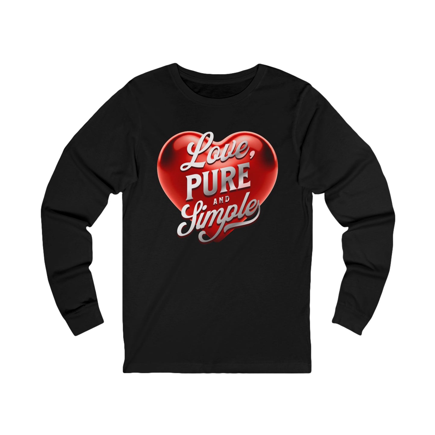 Black long-sleeve shirt with a red heart and white text on a white background