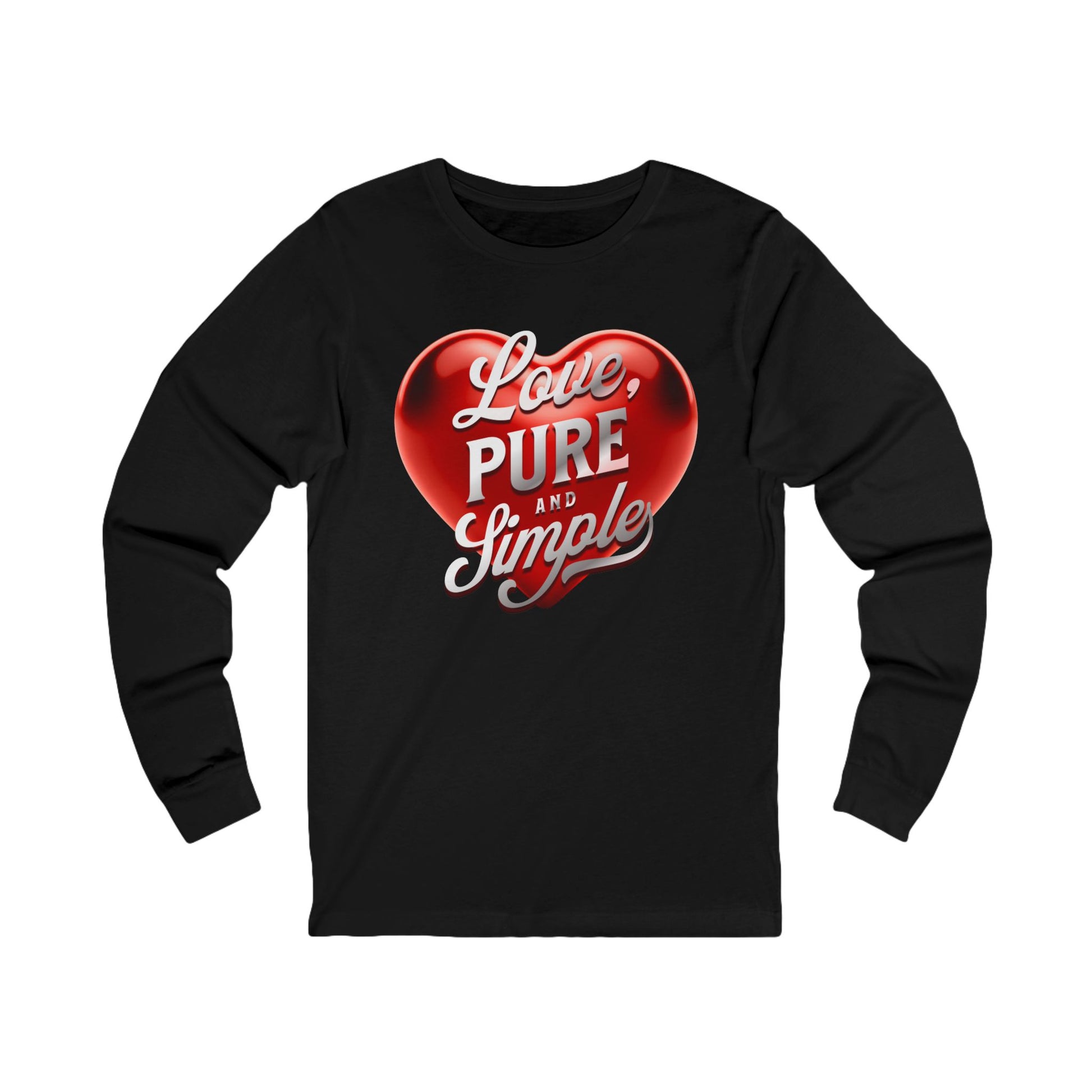 Black long-sleeve shirt with a red heart and white text on a white background