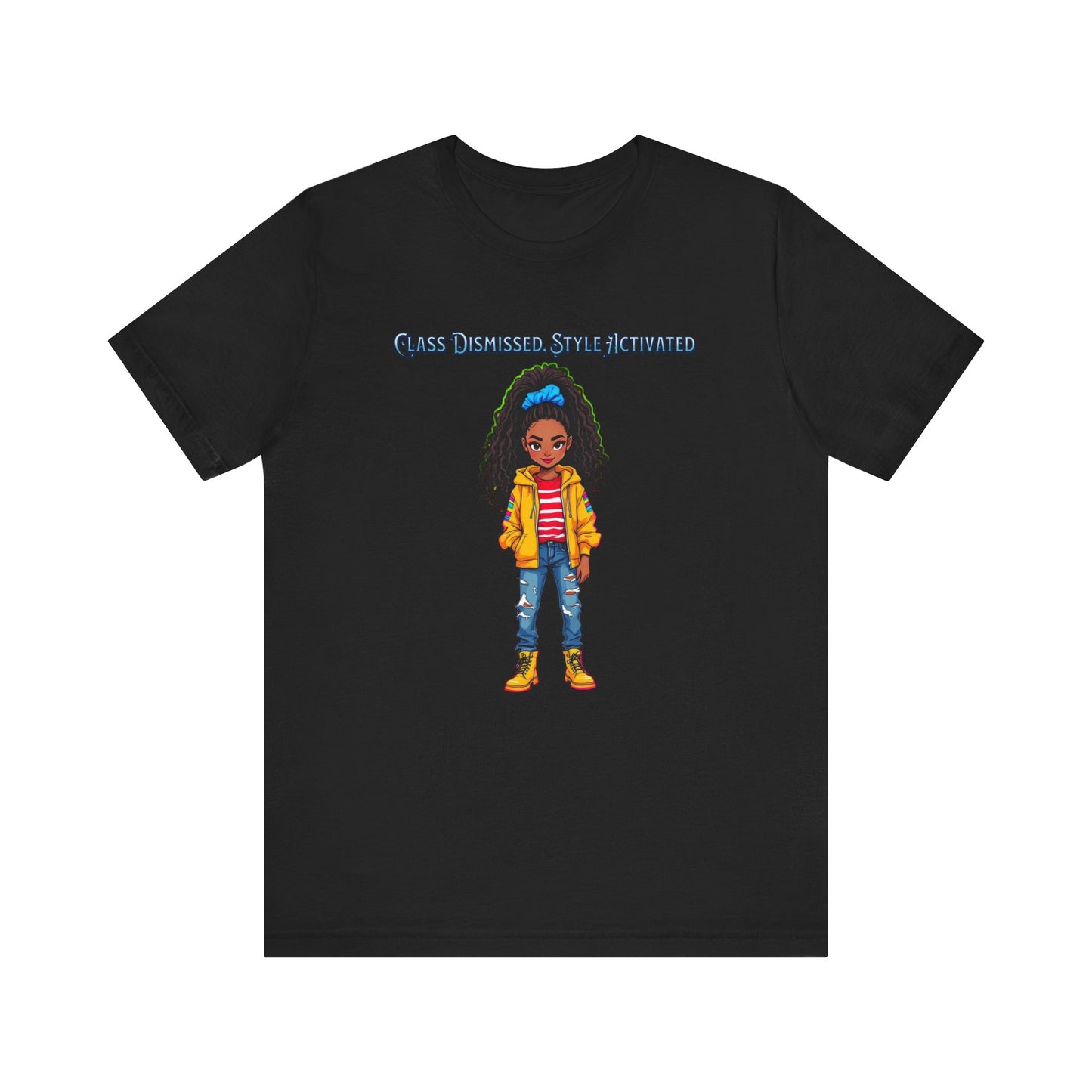 A black short-sleeve crewneck t-shirt featuring a colorful graphic of a girl with green dreadlocks and a blue beanie, wearing a yellow jacket, red striped shirt, and blue jeans. Above the graphic, the text 'CLASS DISMISSED.
