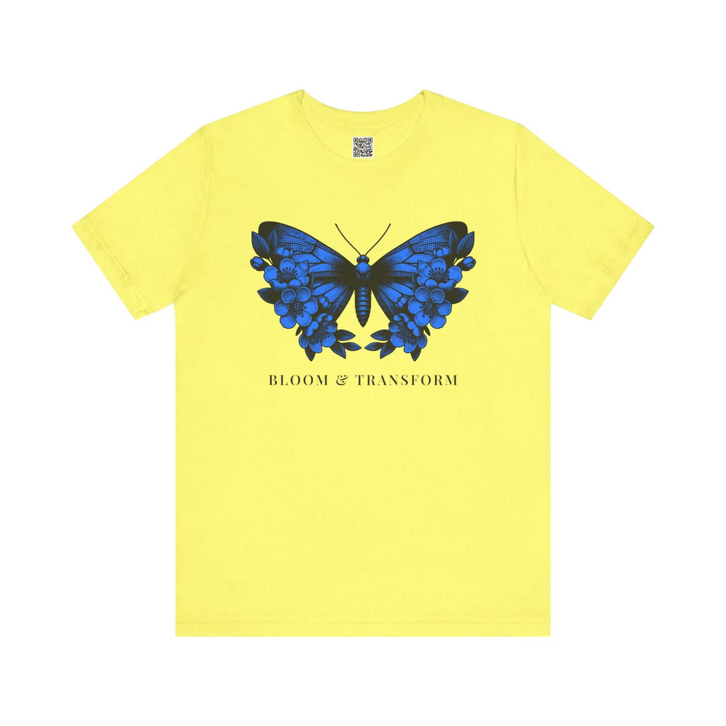 Yellow t-shirt with a blue butterfly graphic and 'Bloom & Transform' text on a white background