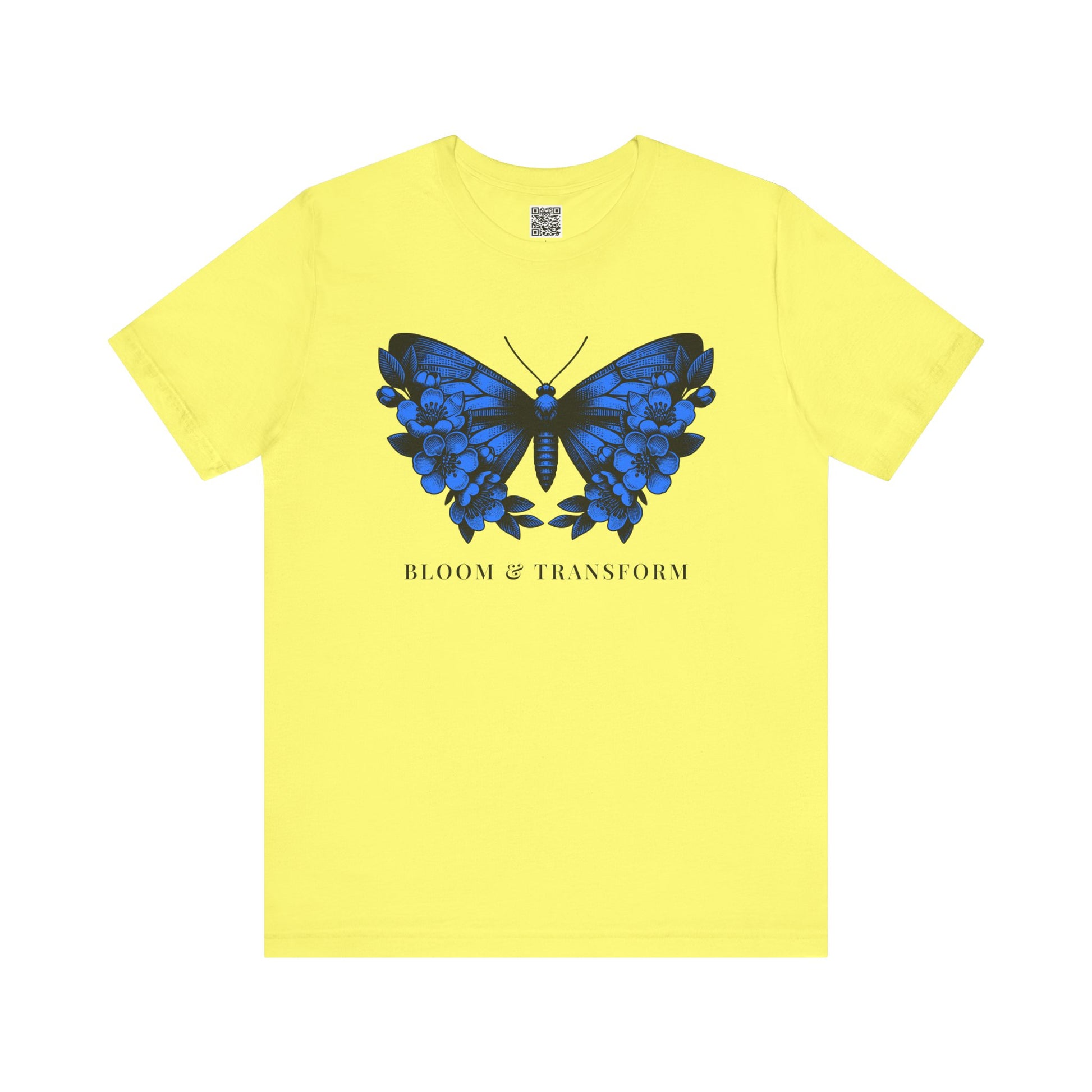Yellow t-shirt with a blue butterfly graphic and 'Bloom & Transform' text on a white background