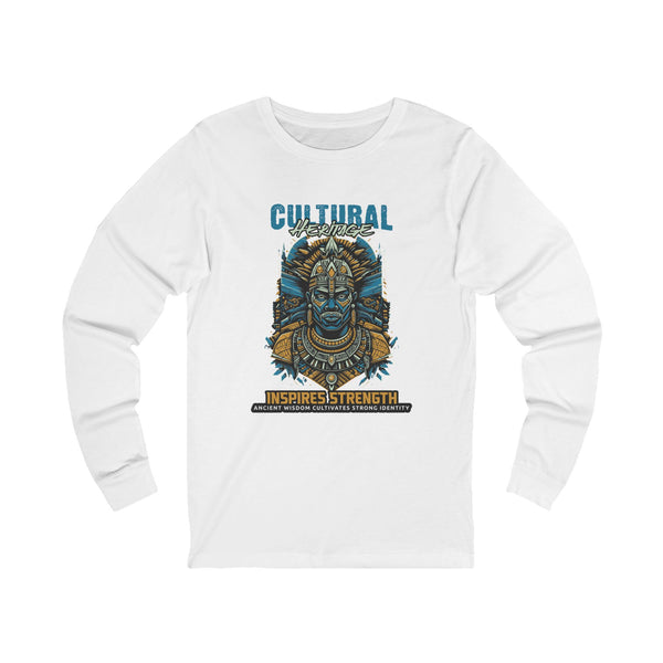 White long-sleeve shirt with a graphic design and text on a white background