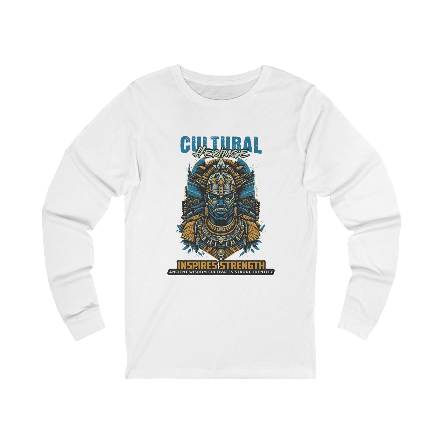 White long-sleeve shirt with a graphic design and text on a white background