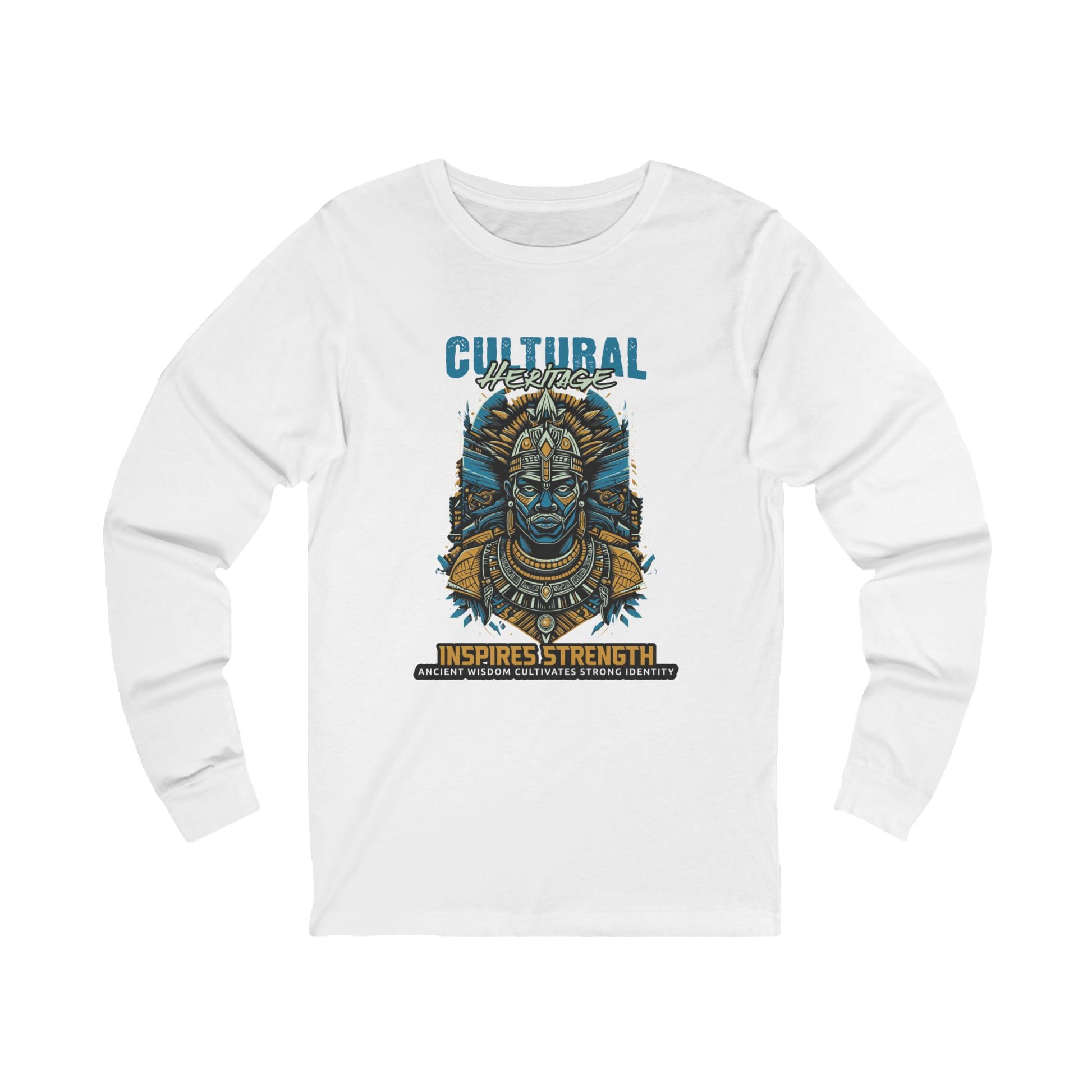 White long-sleeve shirt with a graphic design and text on a white background