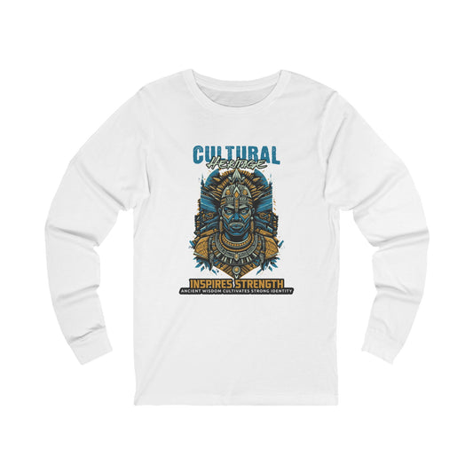 White long-sleeve shirt with a graphic design and text on a white background