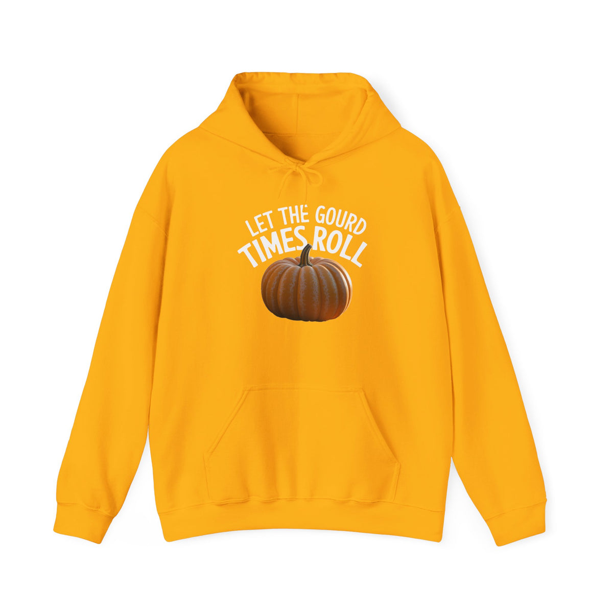 A gold hoodie with a pumpkin graphic and the text 'LET THE GOUD TIMES ROLL' on the front, against a plain white background.