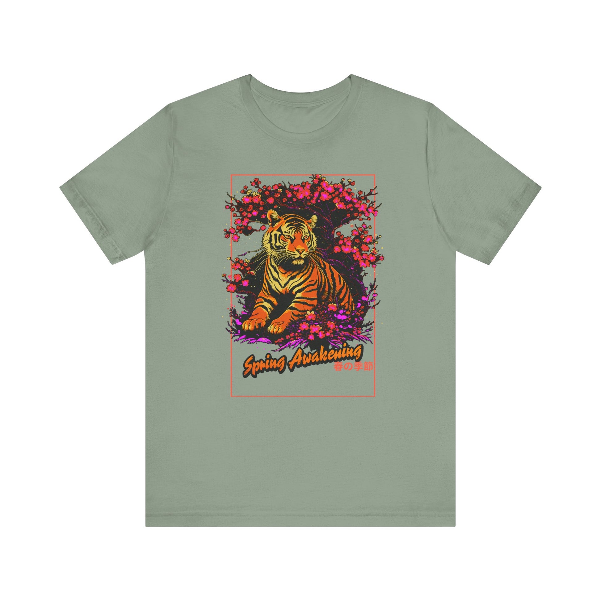 Green t-shirt with a tiger graphic and 'Spring Awakening' text on a white background