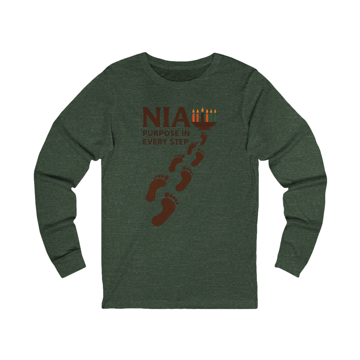 A dark heather green long-sleeve t-shirt with a brown graphic on the chest that reads 'NIA Purpose in Every Step' alongside a trail of footprints and a menorah, shown on a plain white background.