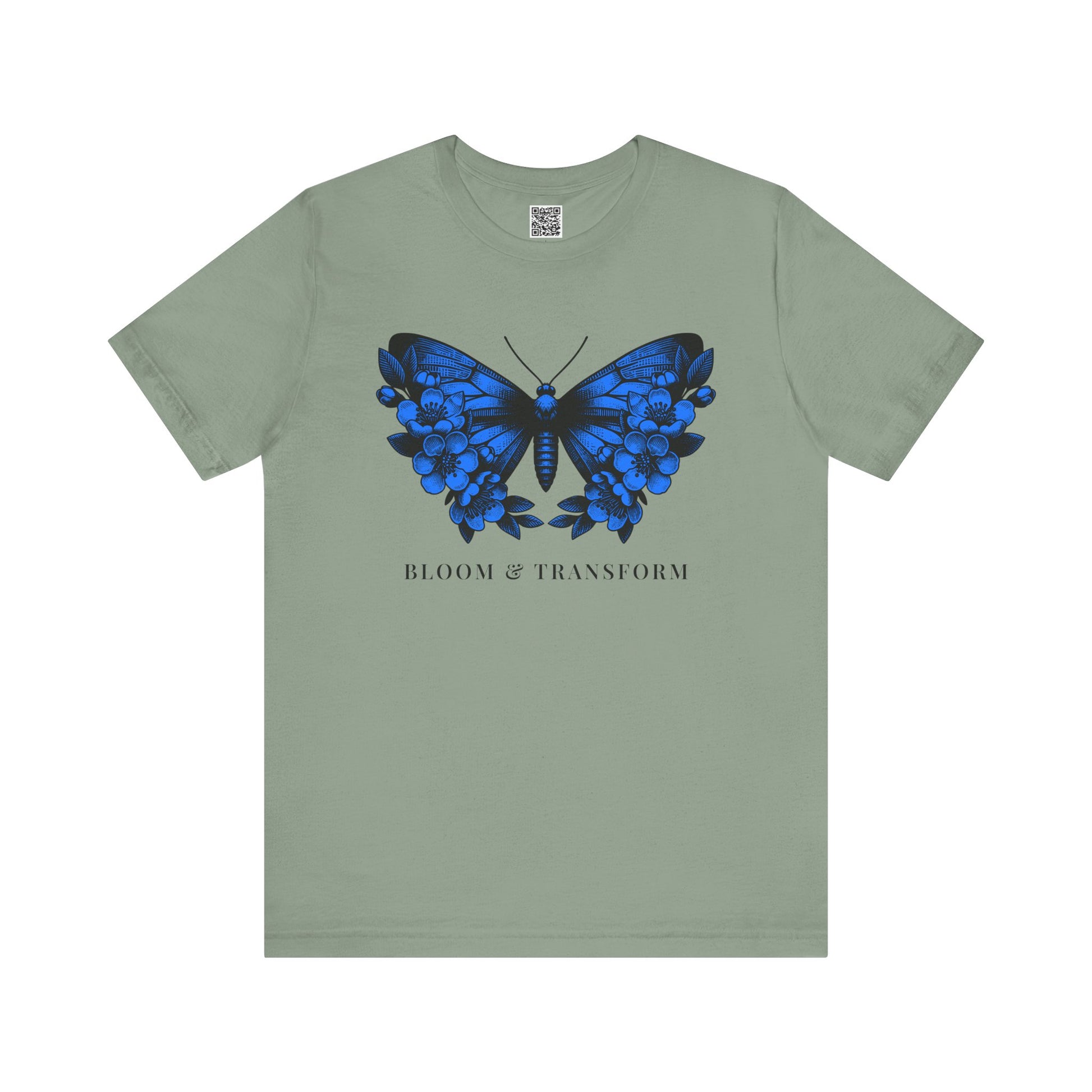 Sage t-shirt with a blue butterfly graphic and 'Bloom & Transform' text on a white background