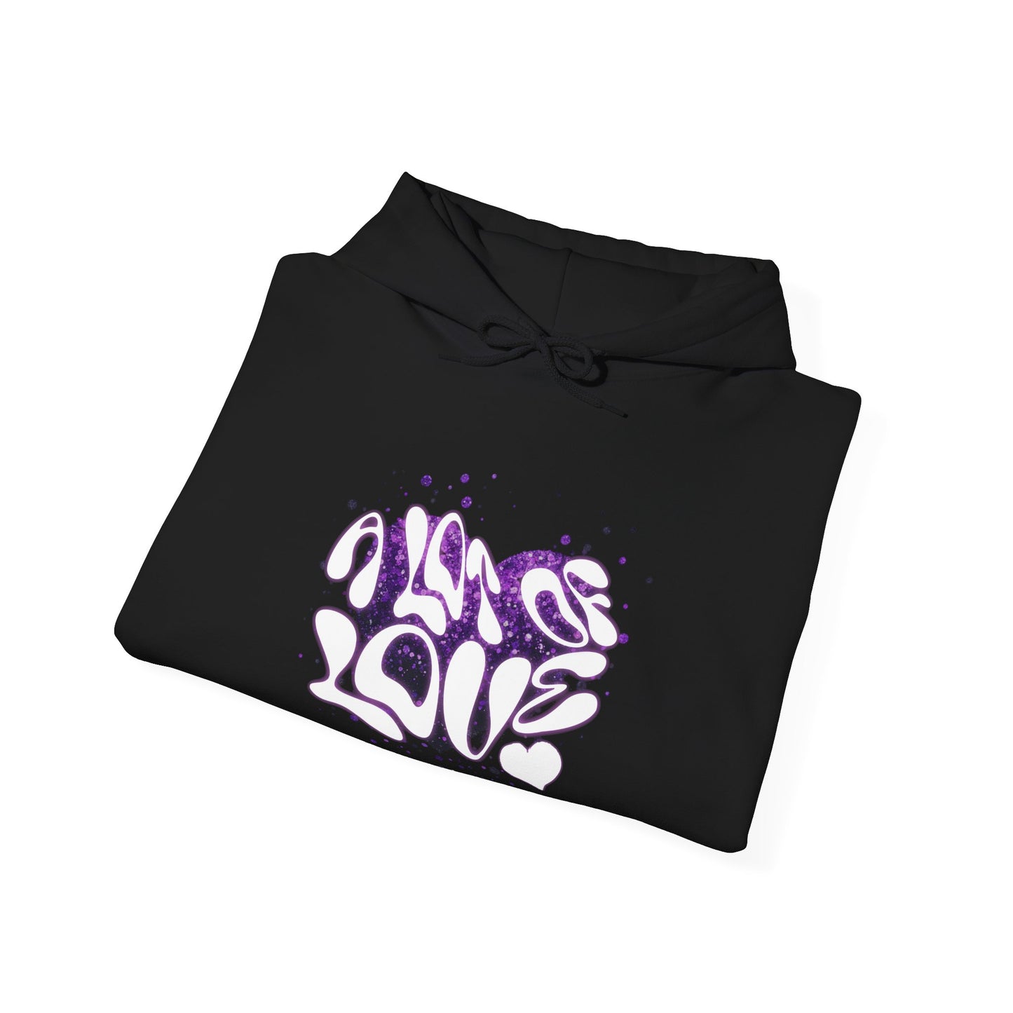 Black hoodie with 'All is Love' text in purple on a white background