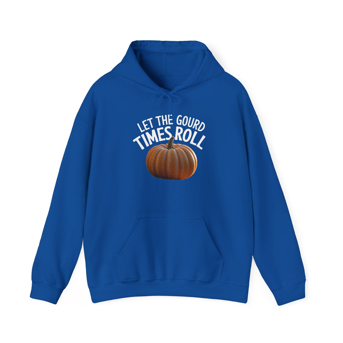 A blue hoodie with a pumpkin graphic and the text 'LET THE GOUD TIMES ROLL' on the front, against a plain white background.