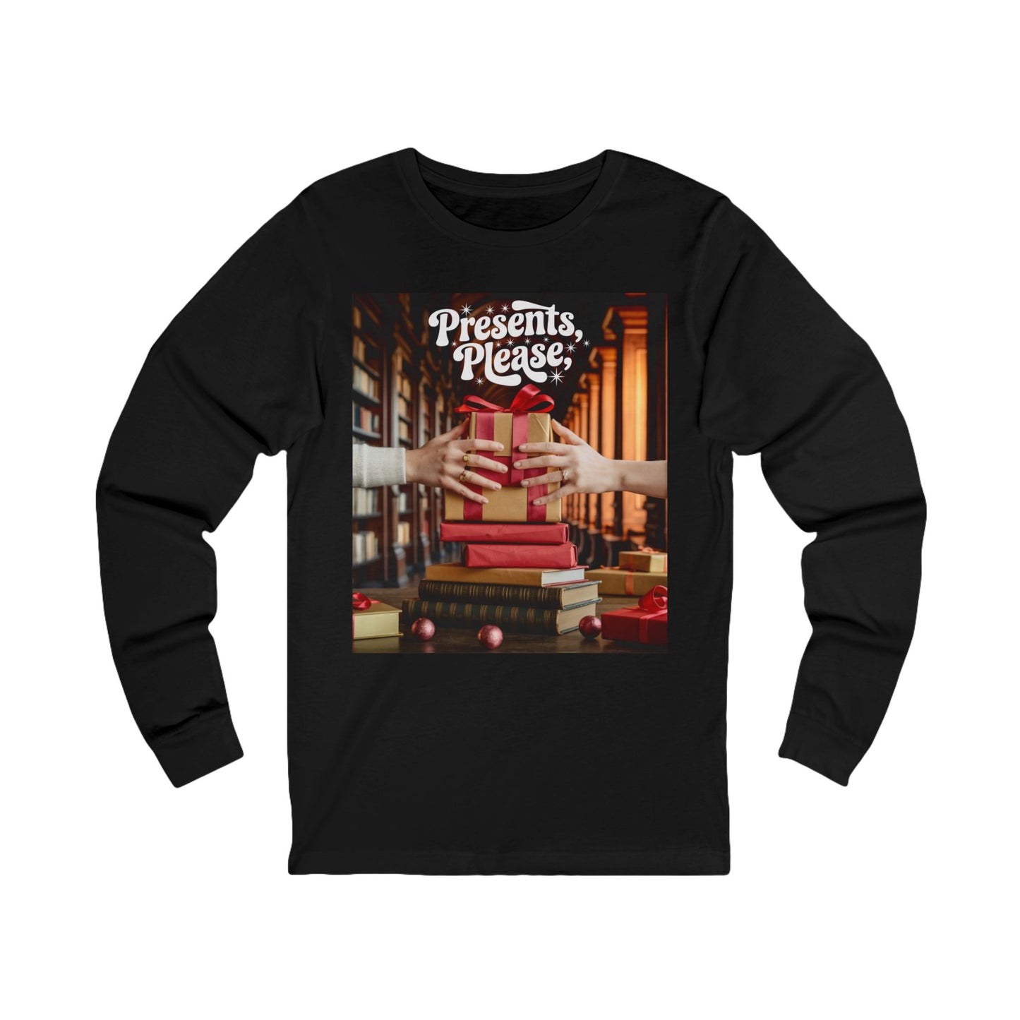 Presents, Please Library Gift Long-Sleeve Tee (Unisex S-2XL) in Heather Forest