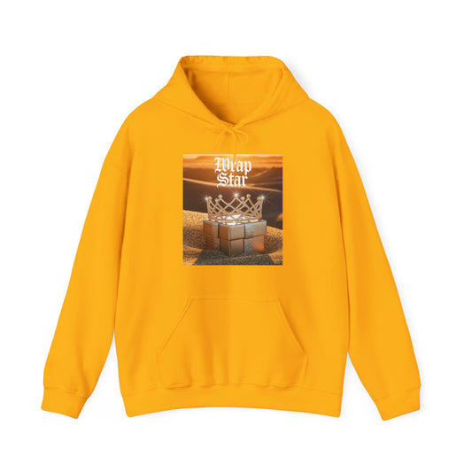 A gold pullover hoodie with a front kangaroo pocket and a central graphic print featuring the text 'Wrap Star' above a basketball hoop with wrapped presents, shown on a plain white background.