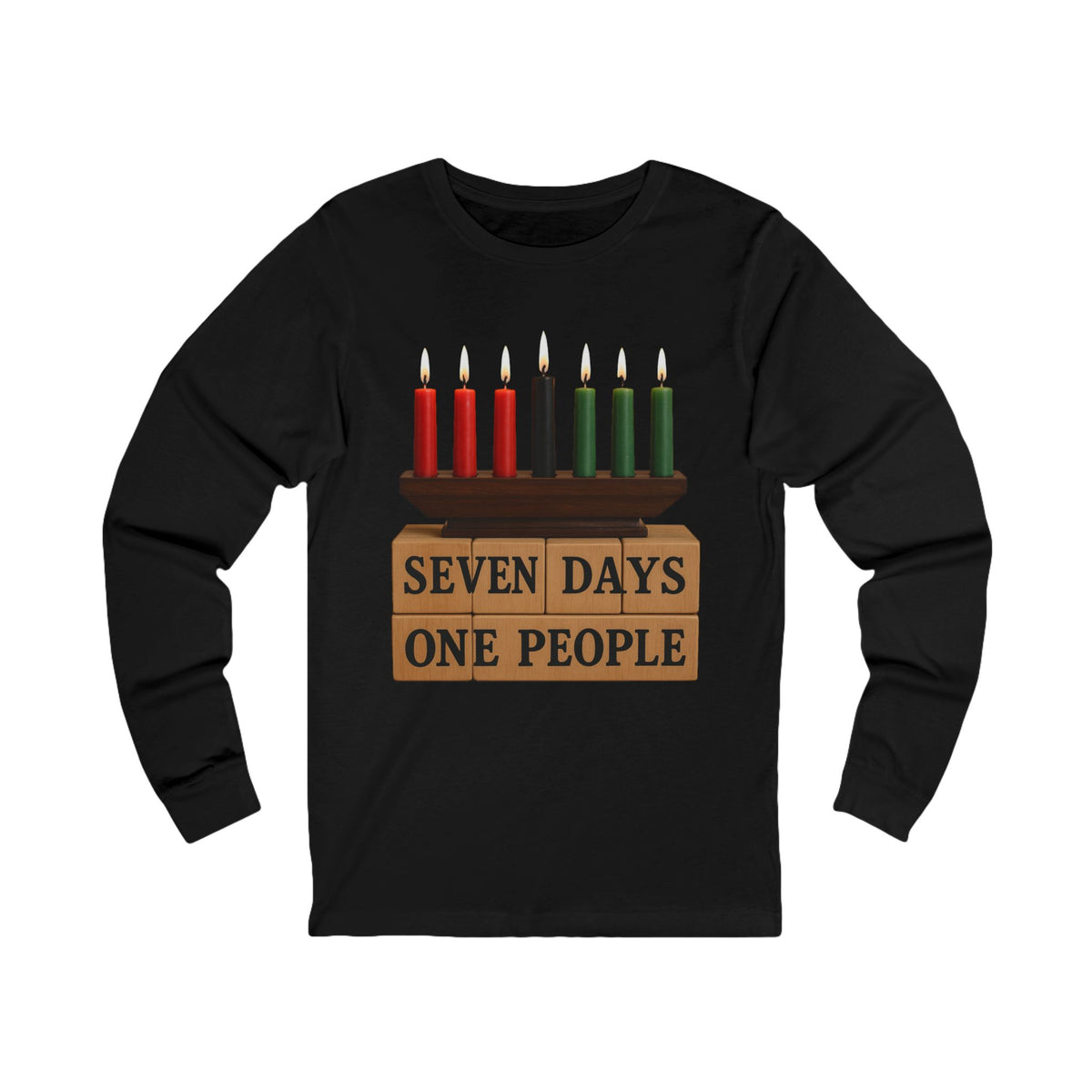 A black long-sleeve t-shirt with a graphic of a menorah on top of wooden blocks that read 'SEVEN DAYS ONE PEOPLE'. The menorah has three red candles, three green candles, and one lit gold candle.