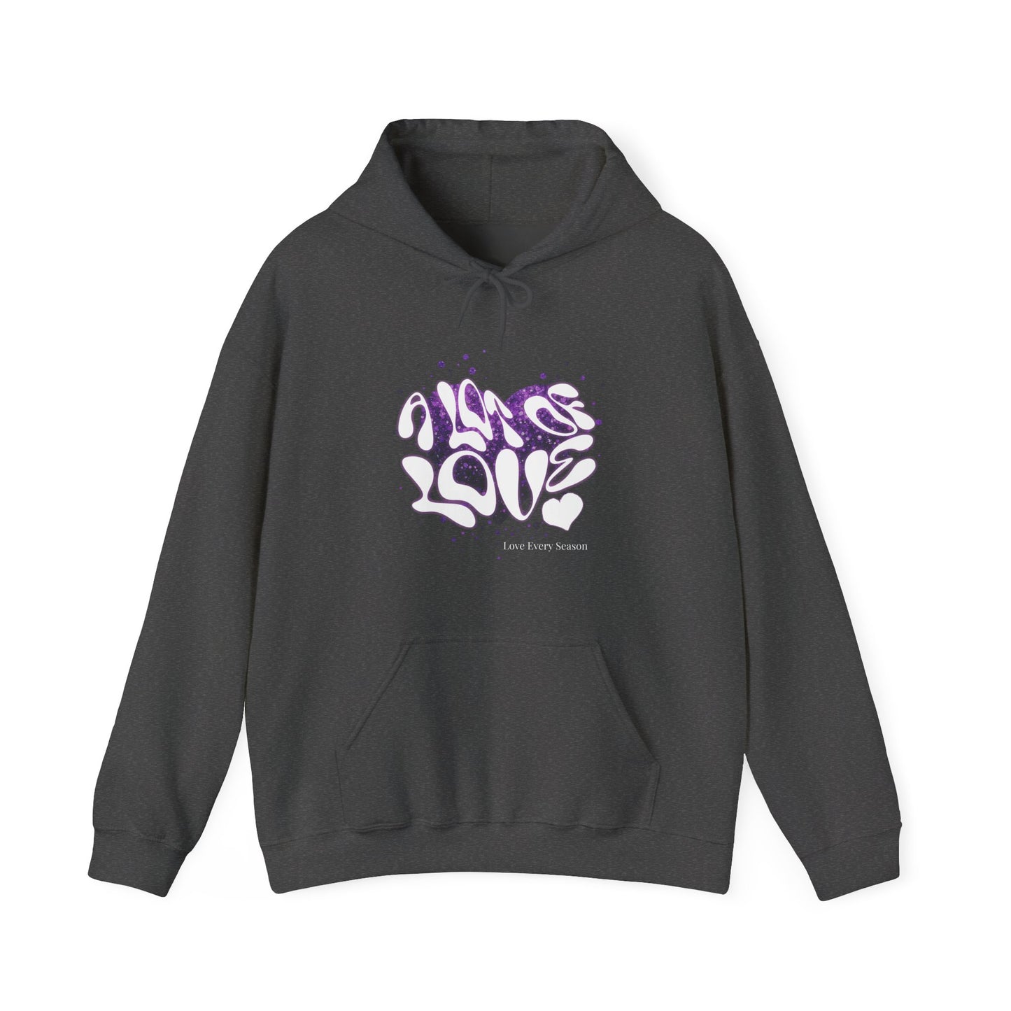 Black hoodie with white and purple text design on a white background