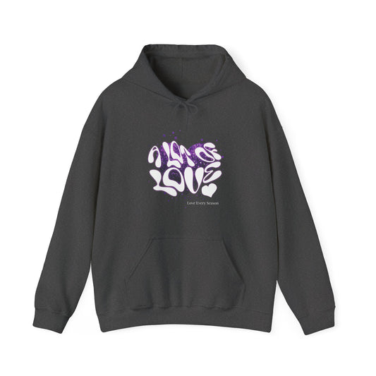 Black hoodie with white and purple text design on a white background