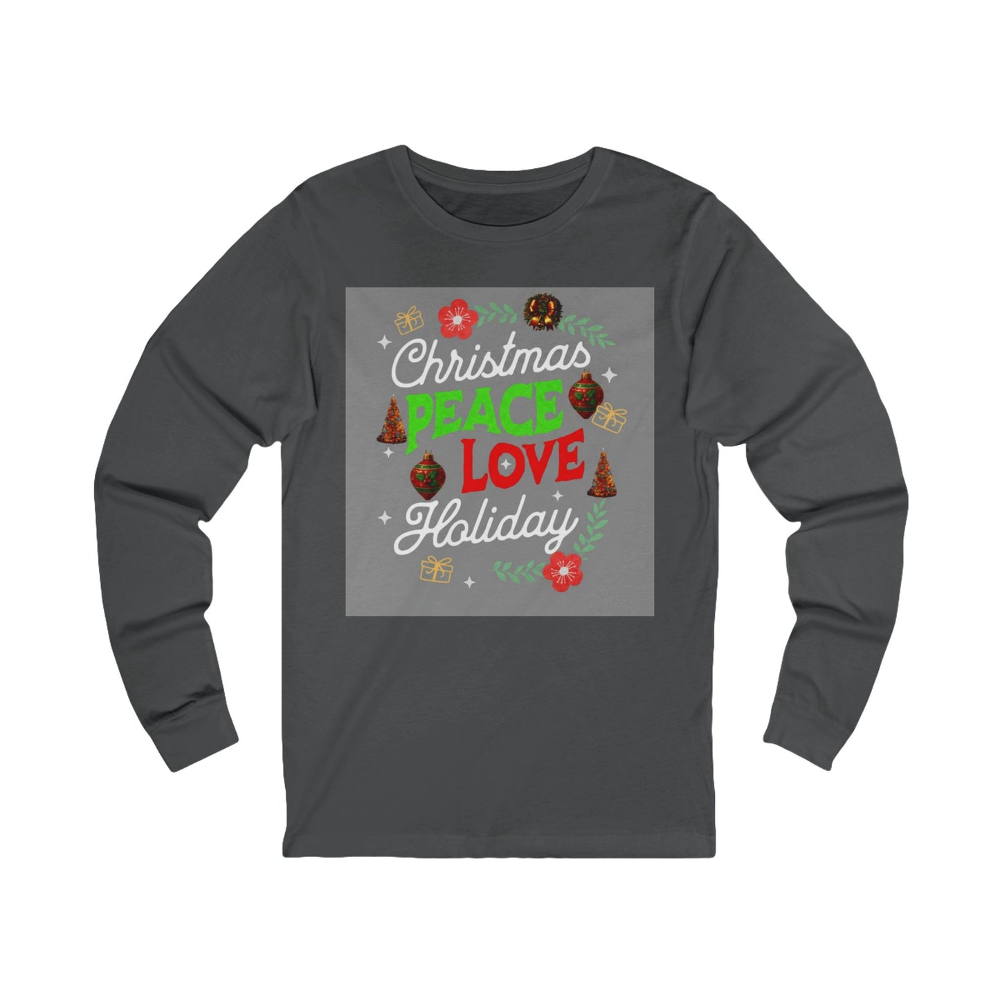 Peace, Love, and Holidays Festive Wreath Long-Sleeve Tee (Unisex S-2XL) in Asphalt