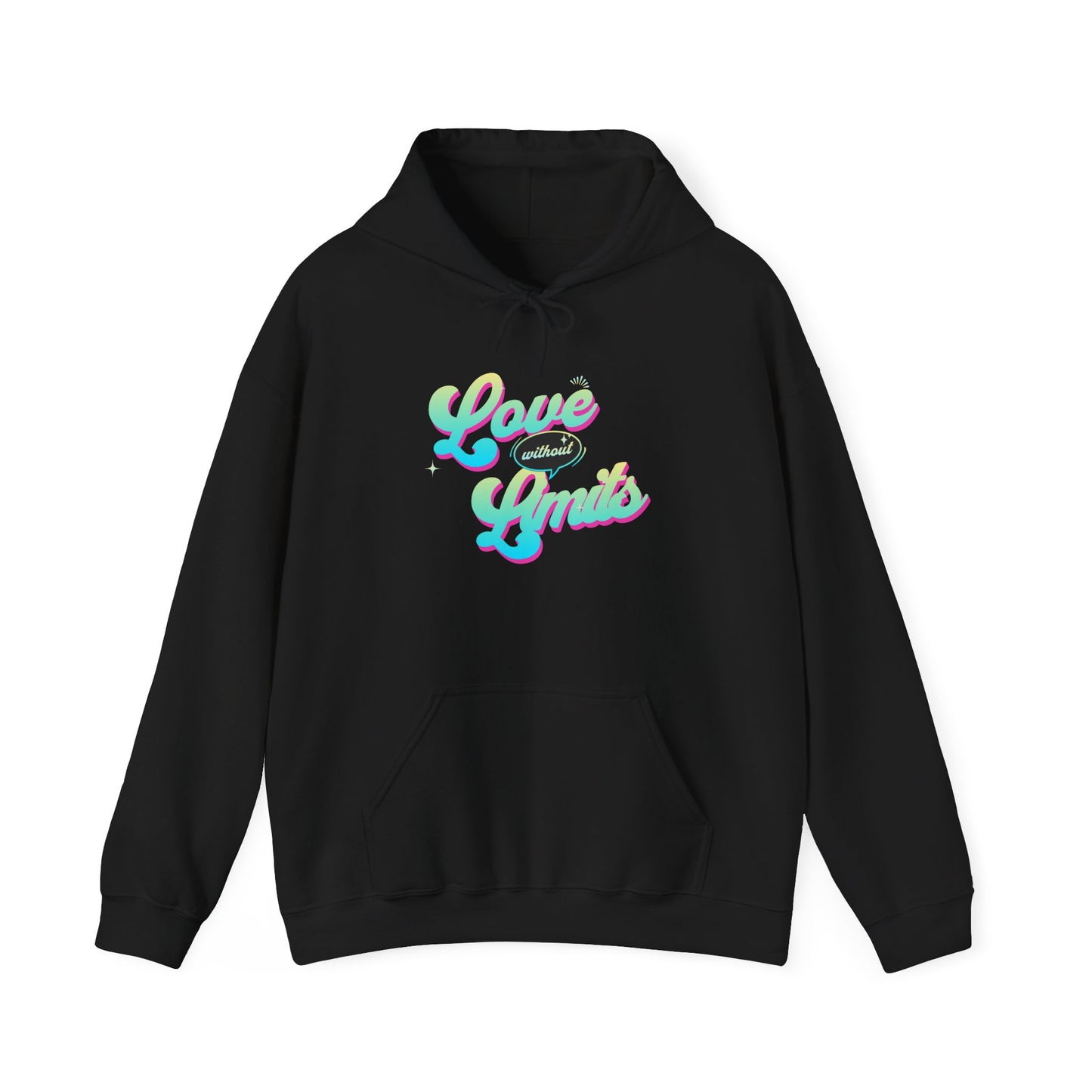 Black hoodie with colorful 'Love Has No Limits' text on a white background