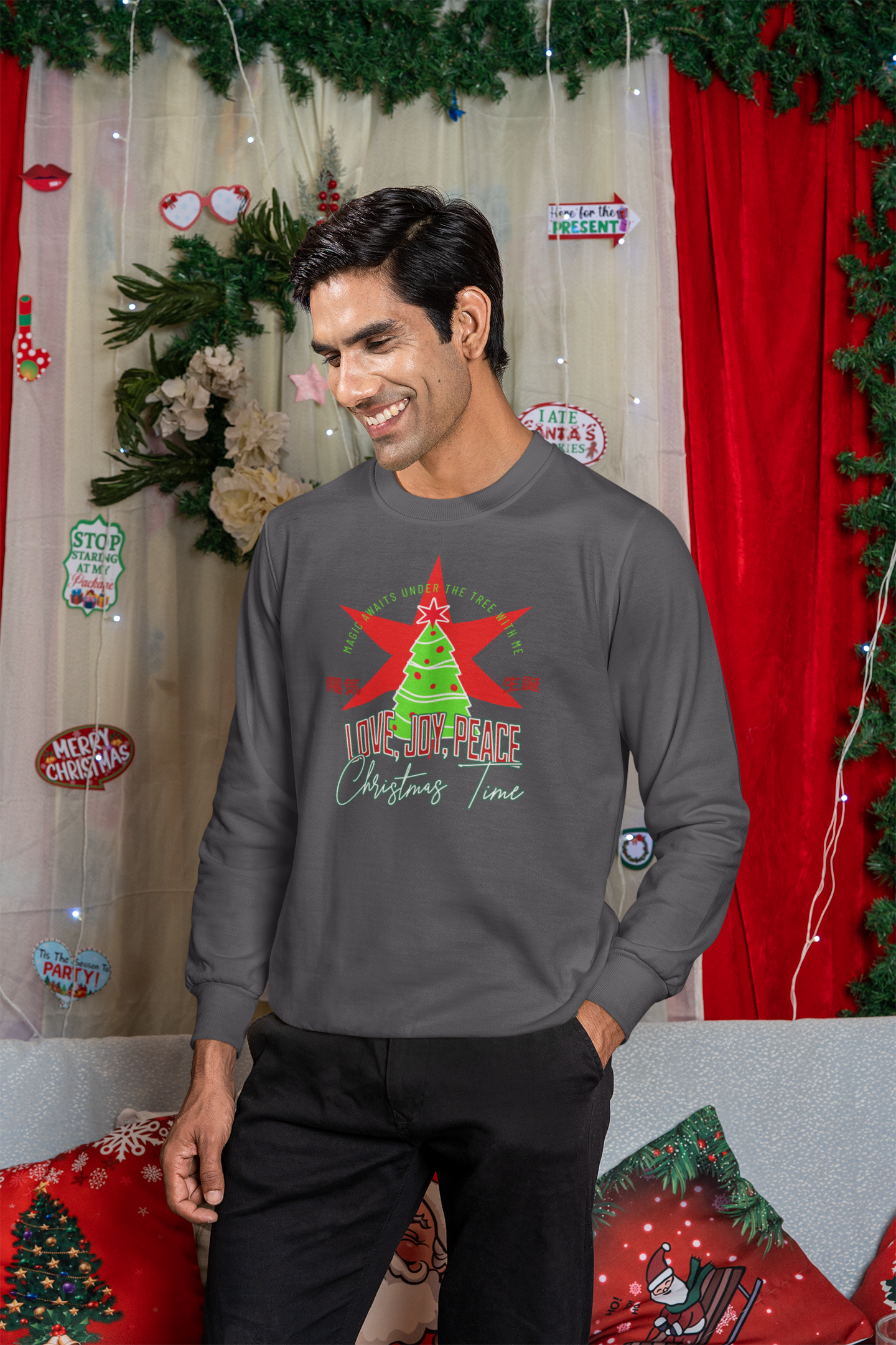 Love, Joy, and Peace Star Long-Sleeve Tee (Unisex S-2XL) in Asphalt