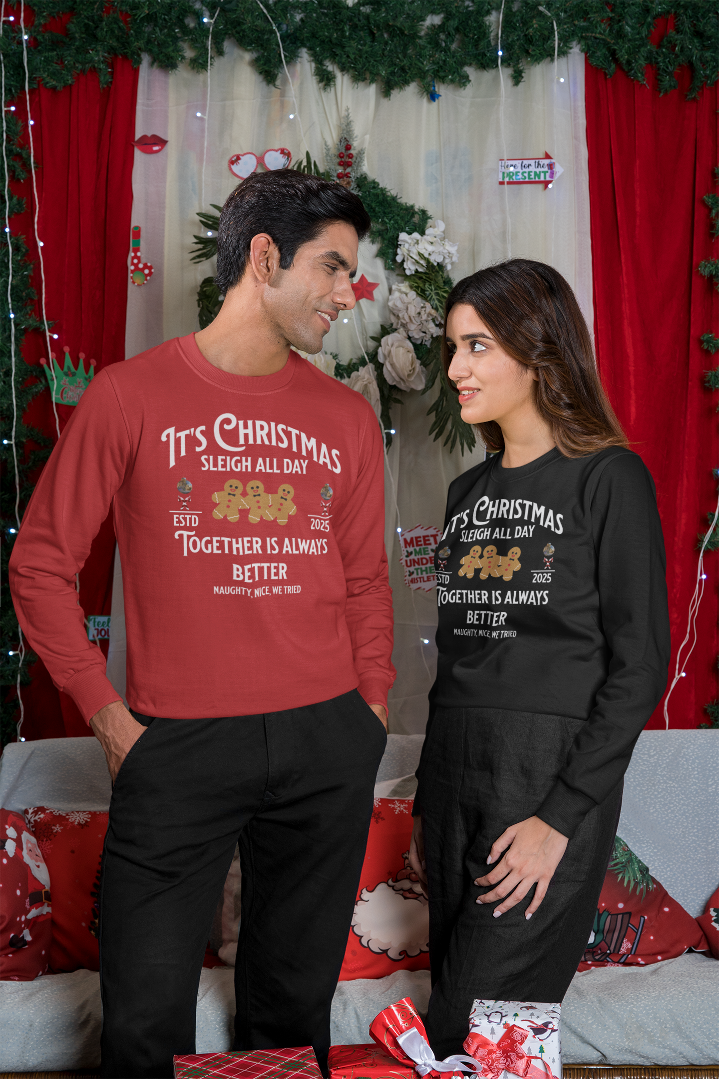 Sleigh All Day Ginger Family Long-Sleeve Tee (Unisex S-2XL) in Red