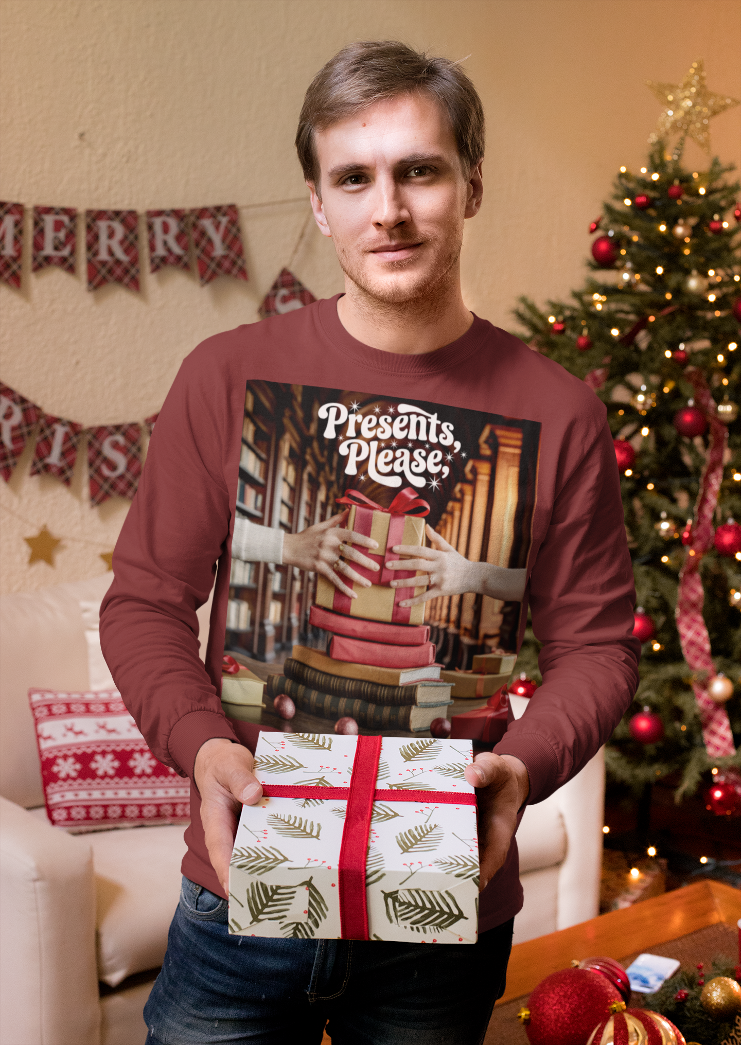 Presents, Please Library Gift Long-Sleeve Tee (Unisex S-2XL) in Cardinal