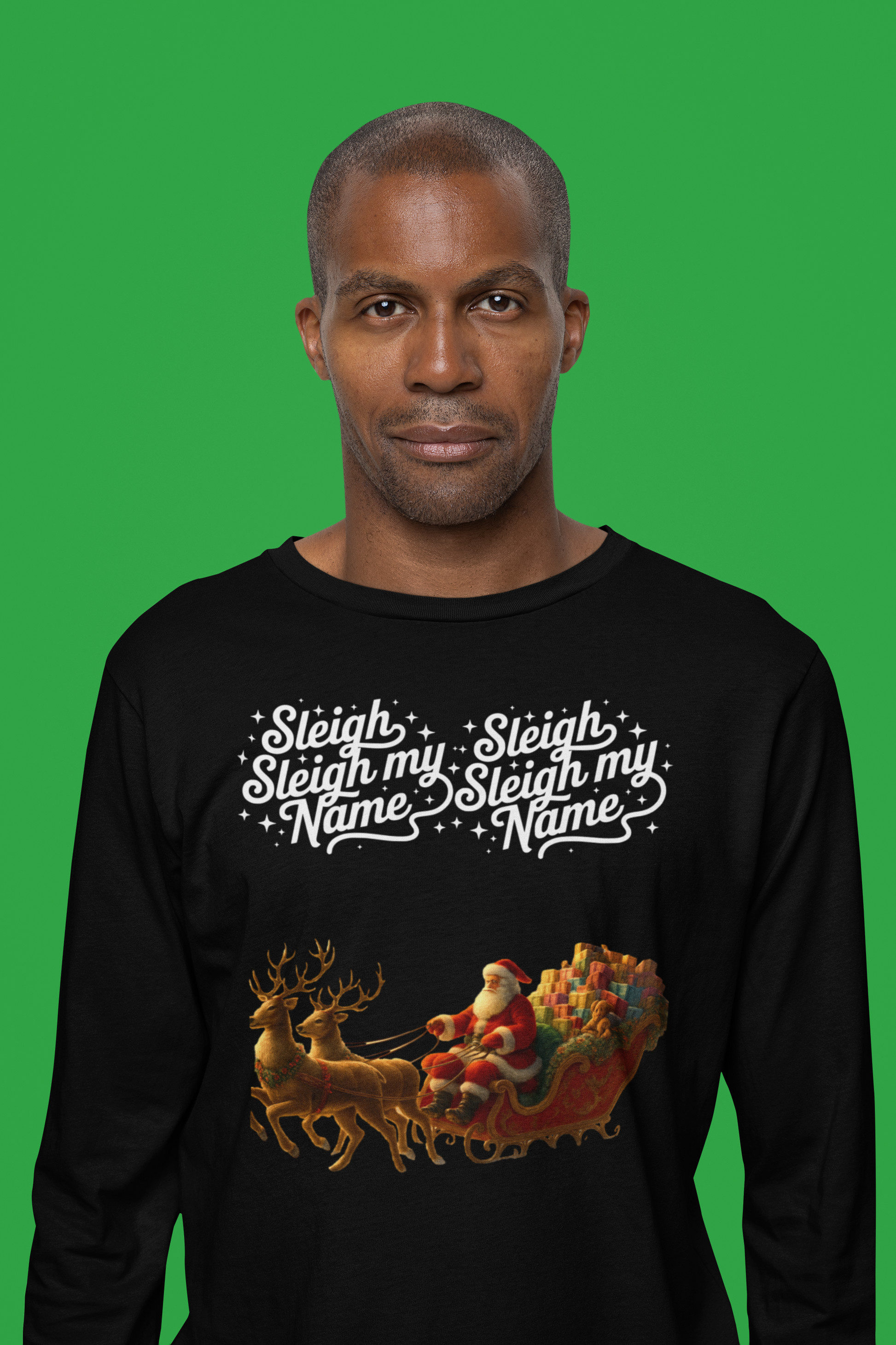 Sleigh My Name Vintage Santa Long-Sleeve Tee (Unisex S-2XL) in Black