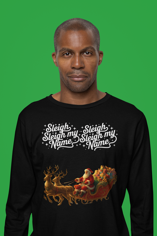 Sleigh My Name Vintage Santa Long-Sleeve Tee (Unisex S-2XL) in Black