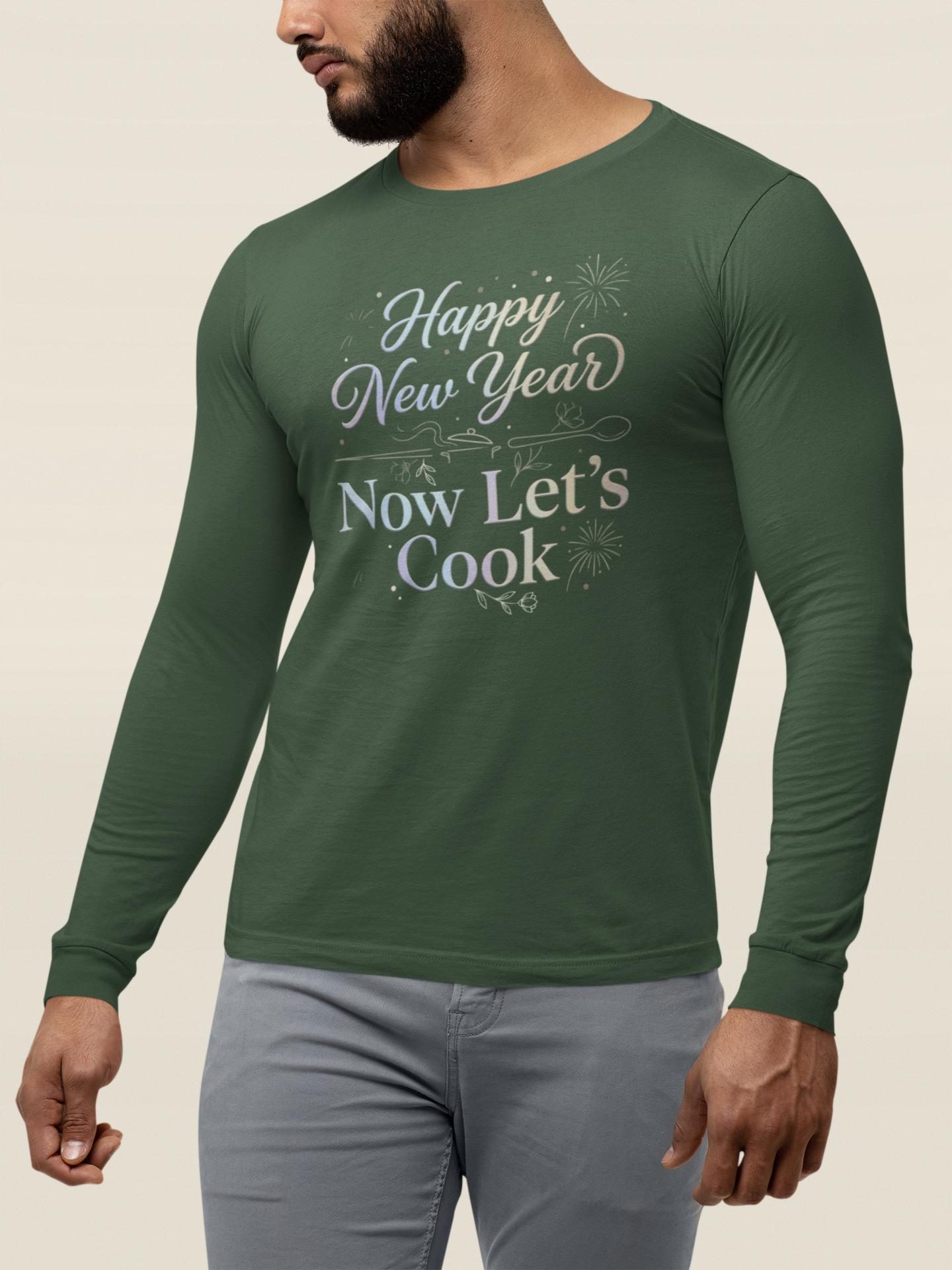 Happy New Year Now Let’s Cook Long Sleeve Tee in Heather Forest