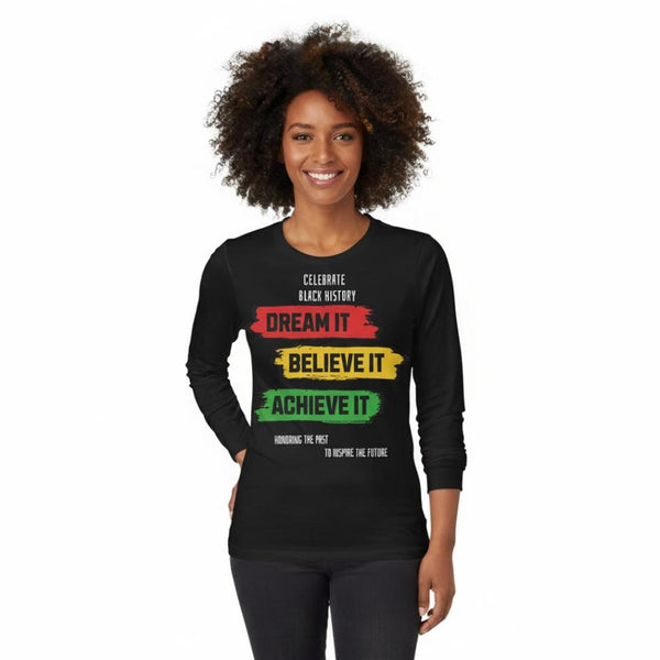 Woman wearing a black long-sleeve shirt with motivational text on a white background