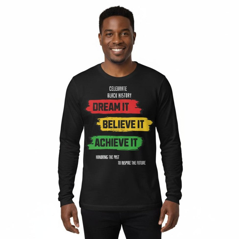 Man wearing a black long-sleeve shirt with motivational text in red, yellow, and green on a white background