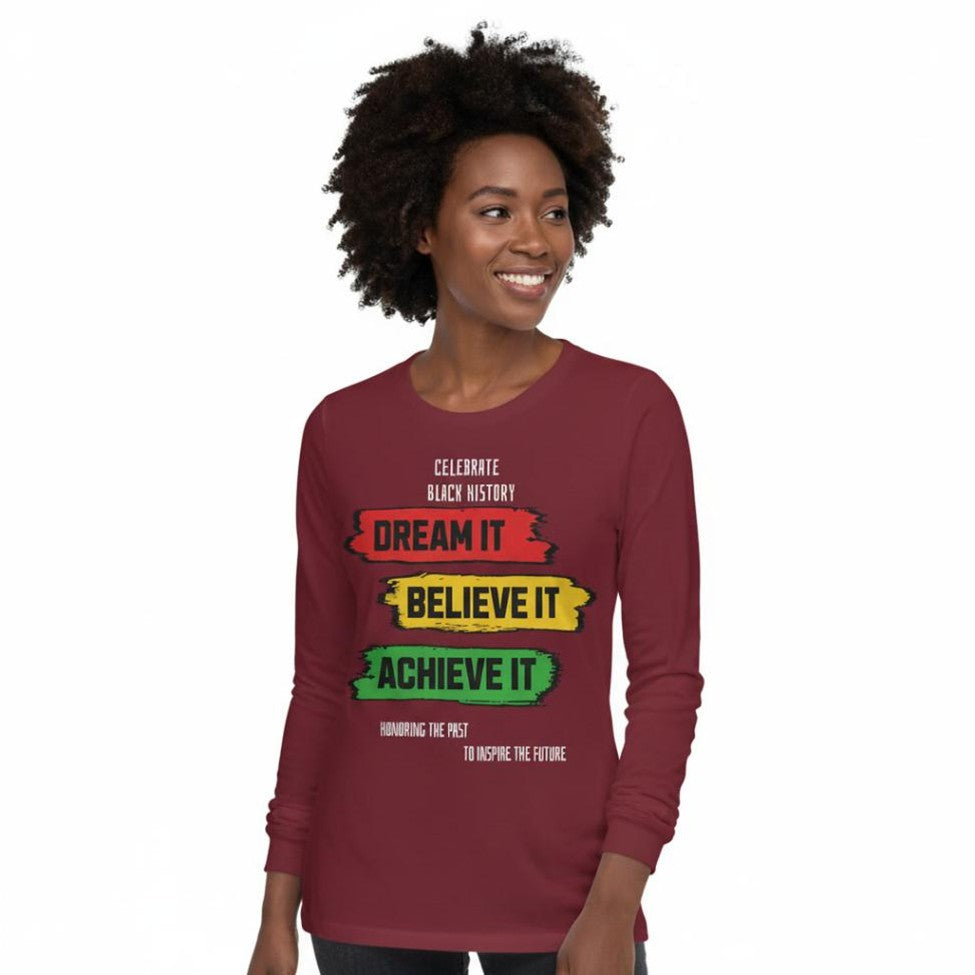 Woman wearing a maroon long-sleeve shirt with motivational text on a white background