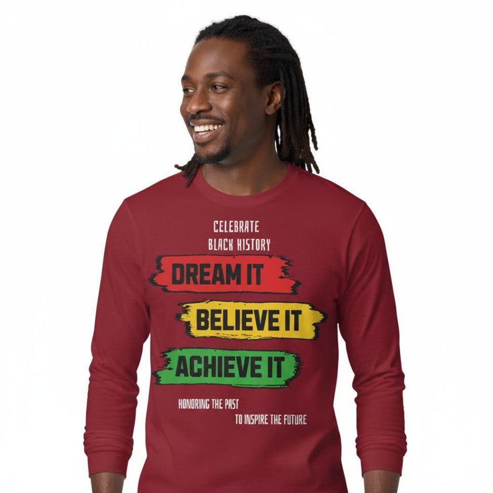 Man wearing a red long-sleeve shirt with motivational text on a white background