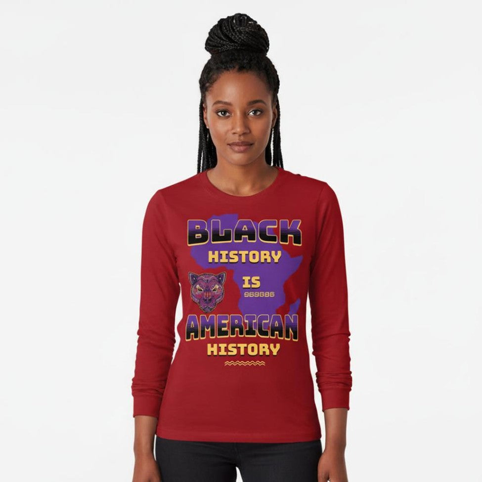 Red long-sleeve shirt with 'Black History is American History' text and panther graphic on a white background