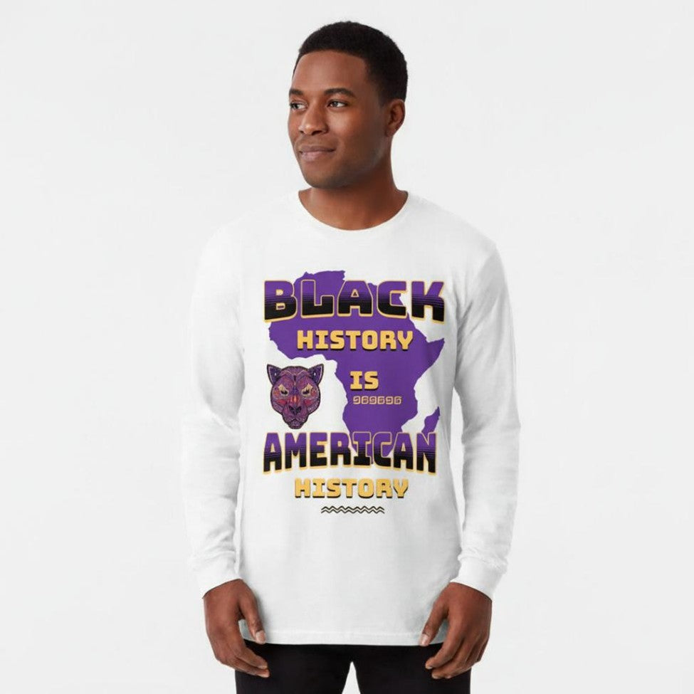 Person wearing a white long-sleeve shirt with 'Black History is American History' text and panther graphic.