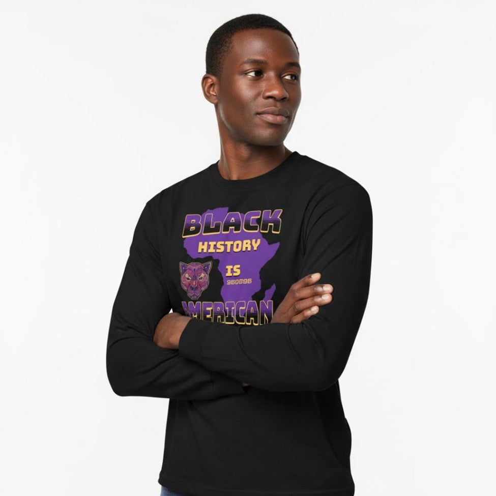 Person wearing a black long-sleeve shirt with 'Black History is American' text and panther graphic on a white background