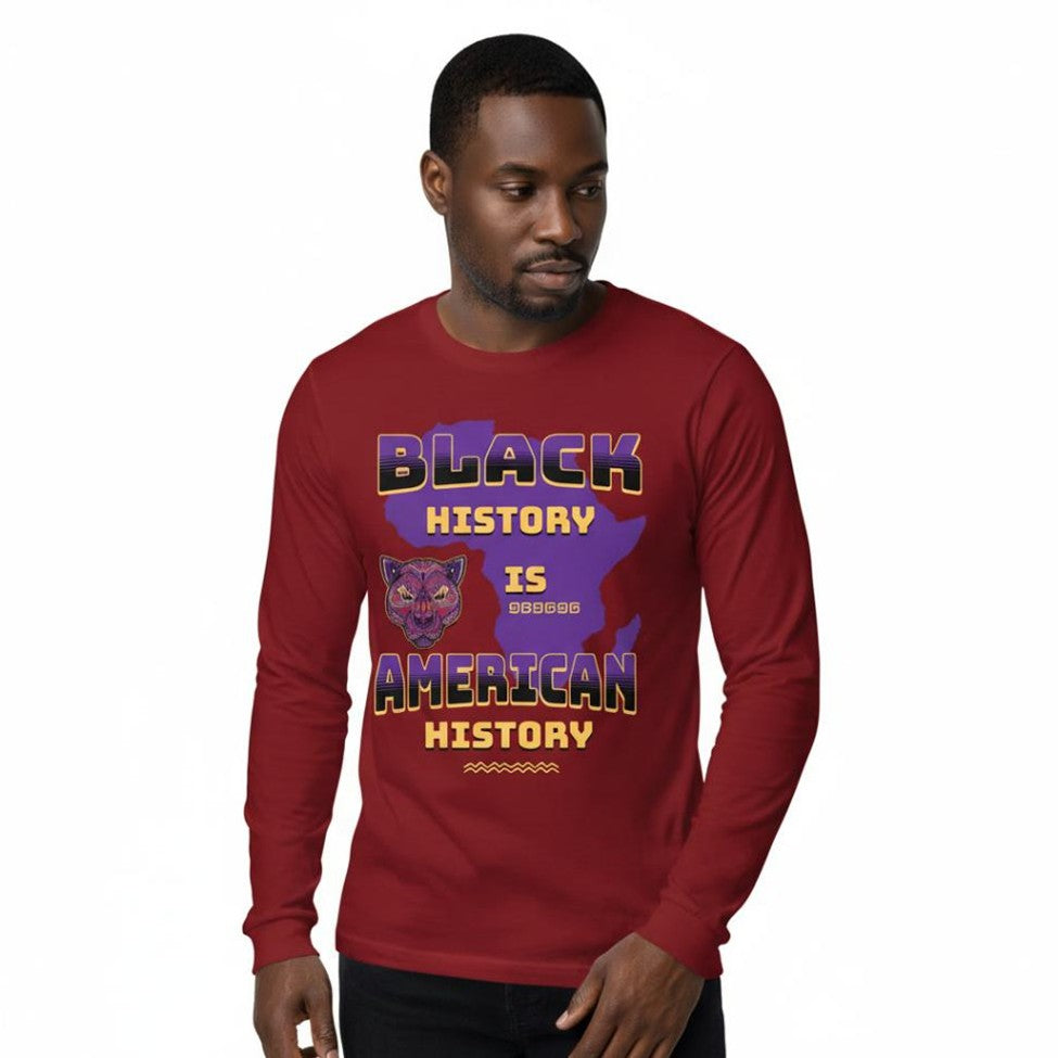 Man wearing a red long-sleeve shirt with 'Black History is American History' text and panther graphic.