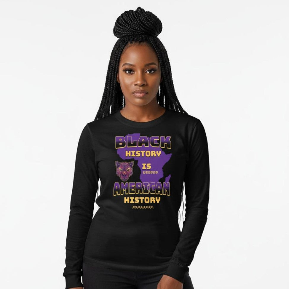 Person wearing a black long-sleeve shirt with 'Black History is American History' text and graphics.