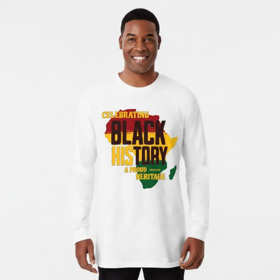 Man wearing a white long-sleeve shirt with a colorful design celebrating Black history.