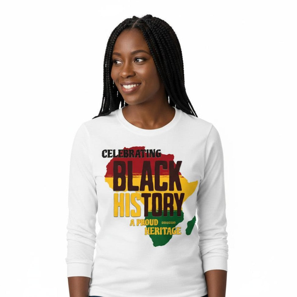 Woman wearing a white long-sleeve shirt with 'Celebrating Black History' design on a white background