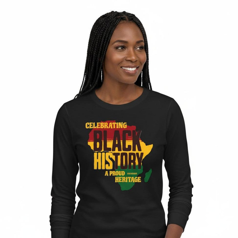 Woman wearing a black long-sleeve shirt with 'Celebrating Black History A Proud Heritage' text.