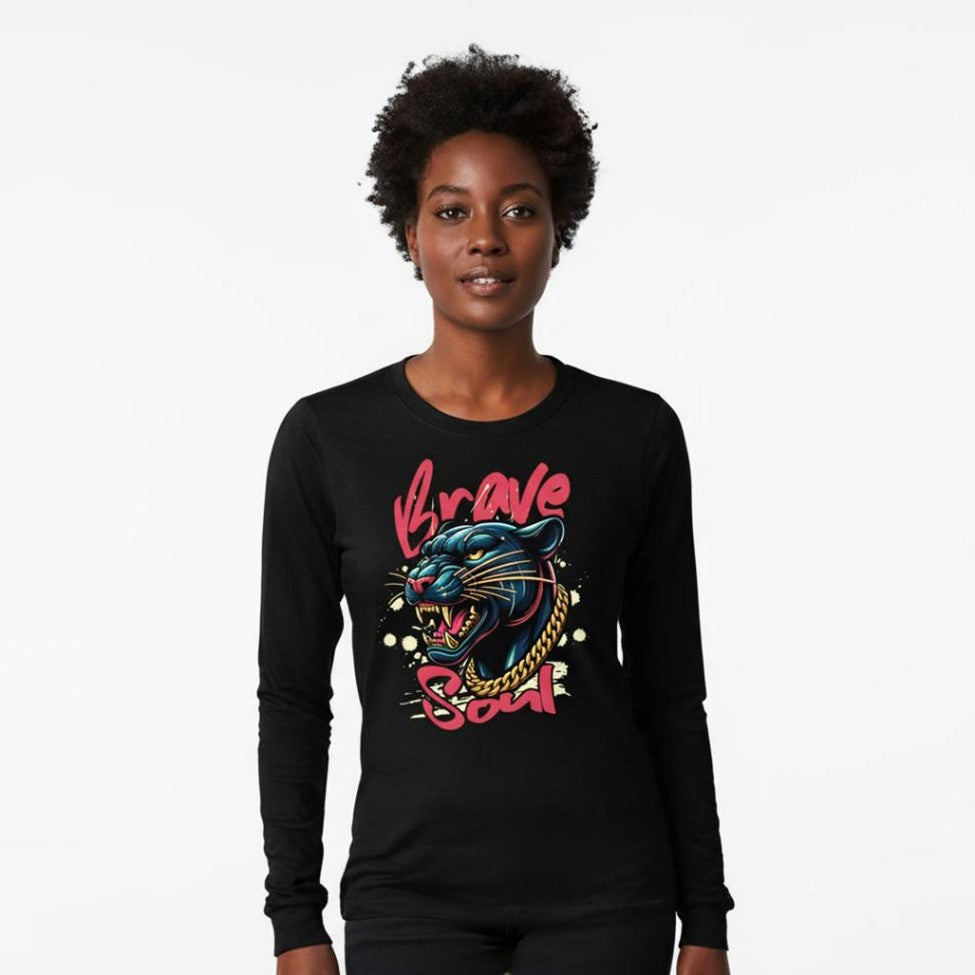 Person wearing a black long-sleeve shirt with a panther graphic and 'Brave Soul' text.