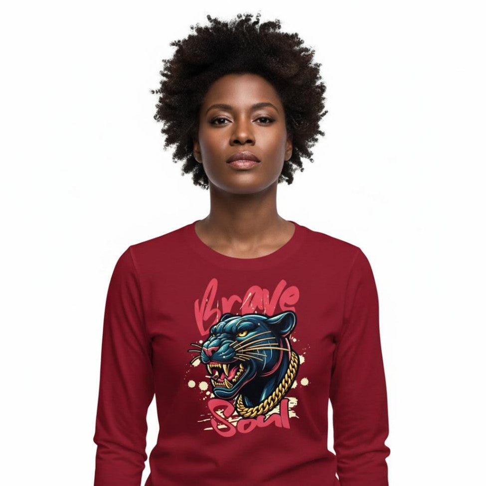Woman wearing a red long-sleeve shirt with a panther graphic and text on a white background