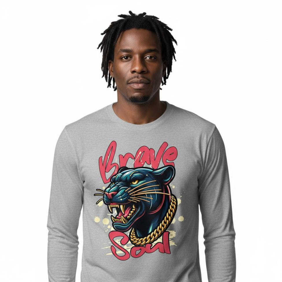 Person wearing a gray long-sleeve shirt with a panther graphic and 'Brave Soul' text.