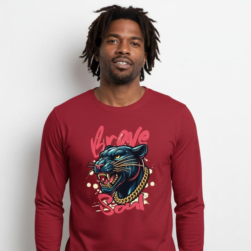 Man wearing a red long-sleeve shirt with a panther graphic and 'Brave Soul' text on a white background