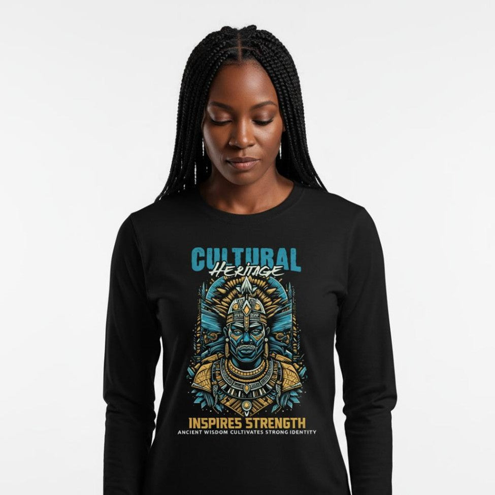 Person wearing a black long-sleeve shirt with a cultural design and text.